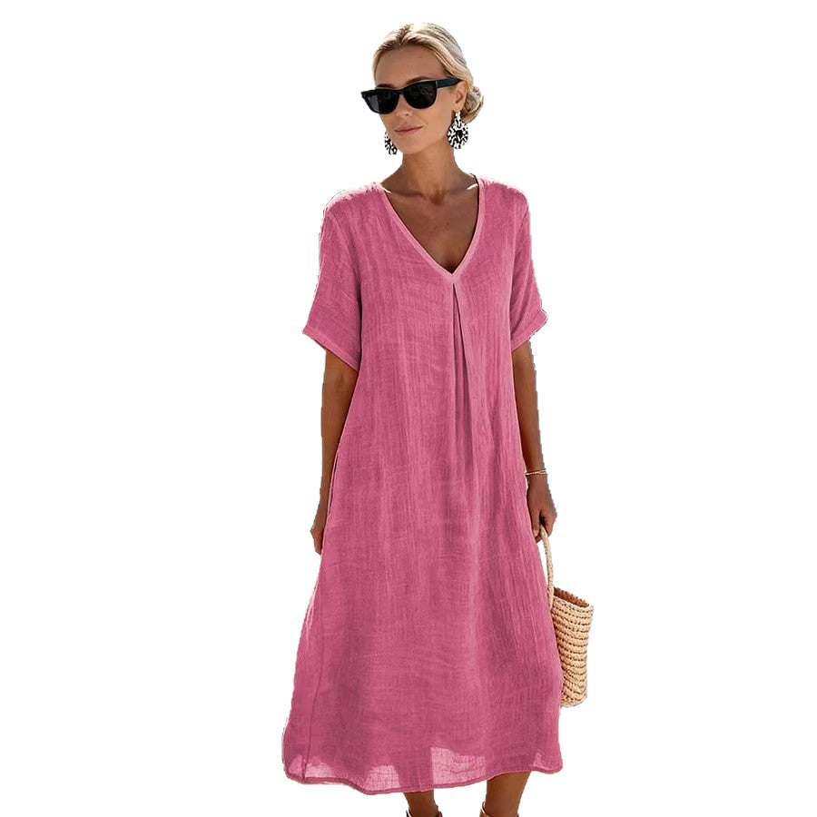 Casual Loose Fitting Long Skirt With Short Sleeves And A V Neck In Solid Color Cotton Linen Fabric