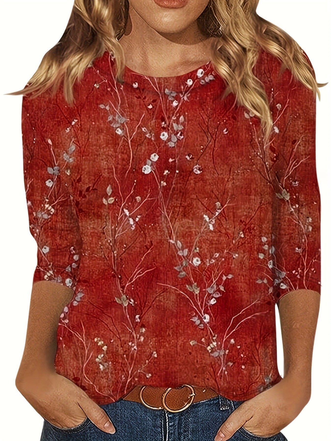 European And American Flower Plant Printed Round Neck Long Sleeve