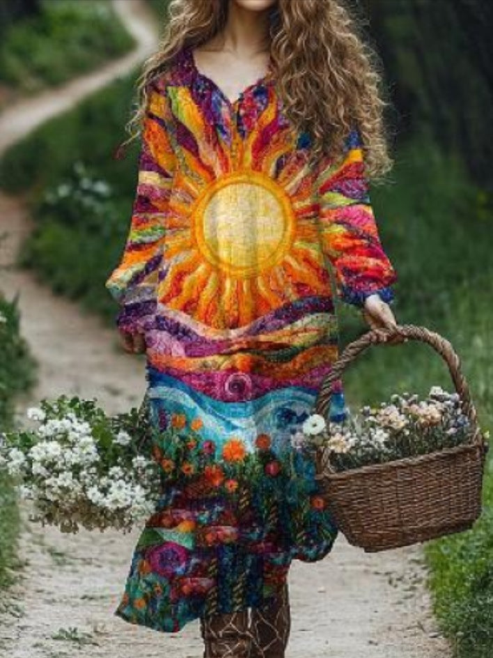 Vintage Printed V-neck Multi-color Long Sleeve Dress