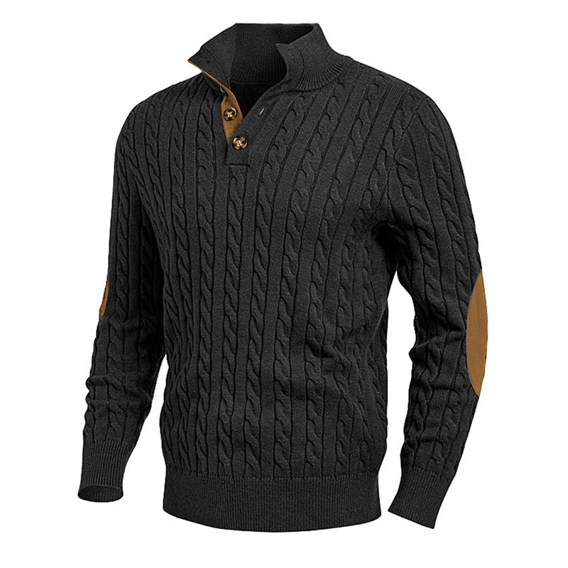 Slim-fit Buttoned Turtleneck Suede Stitching Sweater