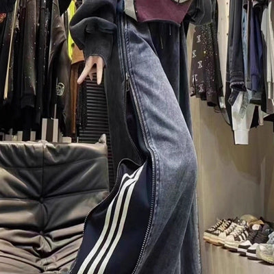 Design Sense Side Zipper Two-way Three Bars Mop Wide Leg Pants